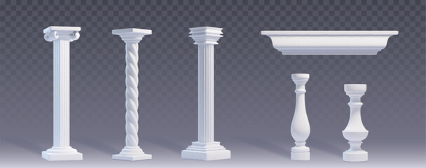 white marble pillars set isolated on transparent background. vector realistic illustration of antiqu