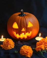 Poster - Halloween pumpkin and candles with marigolds on black background