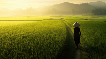 woman walking in harmony with nature, surrounded by lush green rice fields under golden sunrise. serene landscape evokes sense of peace and tranquility