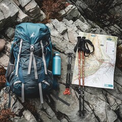 essential hiking gear: a teal-colored hiking backpack, trekking poles, a water bottle, and a map lai