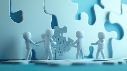 Poster - 3D scene of paper businessman characters cooperating to solve a giant jigsaw puzzle, representing teamwork and group synergy.