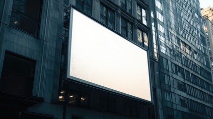 Poster - Billboard with a white screen placed on a sleek, modern building, with ample copy space for ads.