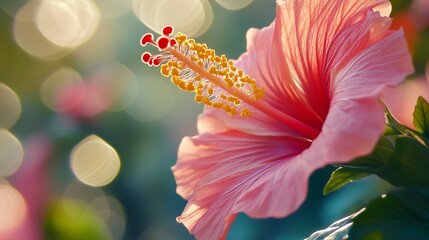 Hibiscus flower blossoming botanical garden macro photo with sun light blurred background