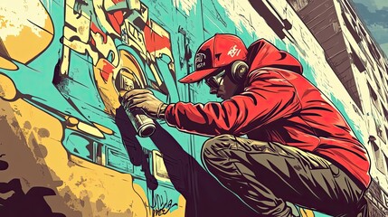 A young man in a red jacket, wearing a baseball cap and headphones, is spray painting a wall with a colorful graffiti design.