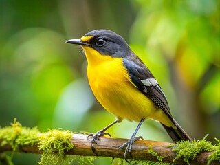 Wall Mural - Stunning Golden Bellied Flycatcher Perched on a Branch in Lush Green Forest Habitat of Nature