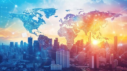 Poster - Digital World Map Over Cityscape at Sunset