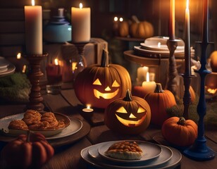 a Halloween scary scene party with jack o' lantern and sweet on table with candles, wooden plate and Halloween night scene background.