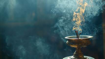 A censer releasing incense on dark background, symbolizing prayers rising to heaven with copy space for all saints' day background banner.