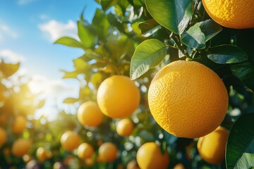 Ripe oranges hanging from tree branch in plantation