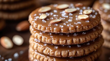 Wall Mural - stack of delicious homemade cookies topped with caramel and almonds