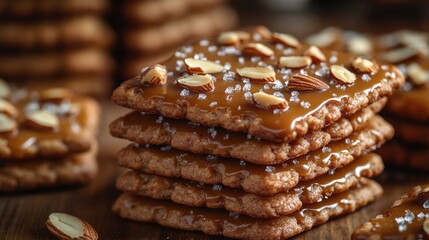 Wall Mural - stack of delicious homemade cookies topped with caramel and almonds