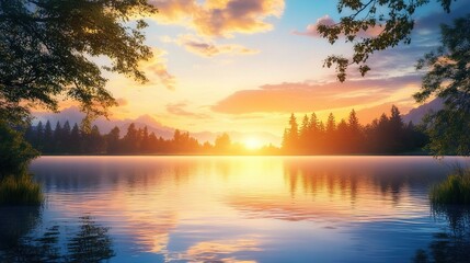 Canvas Print - Serene Sunset Over Tranquil Lake with Lush Landscape