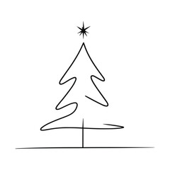 Wall Mural - Single continuous line drawing on white background. Christmas tree in minimalistic background