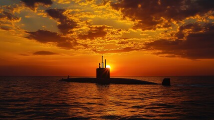 Poster - Submarine at Sunset Over Calm Ocean Waters