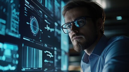 Poster - Focused Man Analyzing Data on Digital Screens