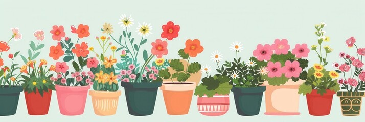 Poster - A delightful array of vibrant flowers in decorative pots creates a cheerful spring atmosphere, showcasing varied colors and types. Generative AI