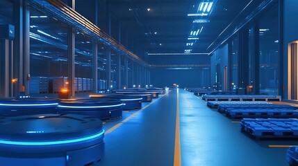 Poster - Futuristic Warehouse with Automated Systems and Lighting