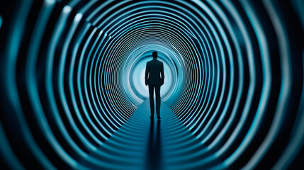 Poster - A solitary individual strides confidently through a vibrant tunnel lined with luminescent, swirling patterns. The atmosphere is charged with intrigue and adventure, encouraging discovery