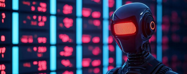 Poster - Futuristic robot with digital interface, illuminated by vibrant neon colors, symbolizing technology and innovation in modern society.