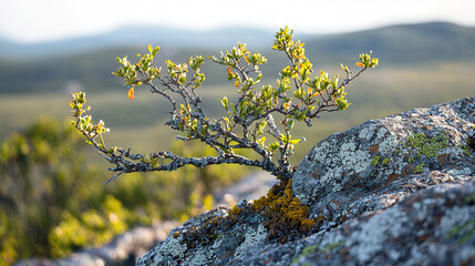 Wall Mural - beautiful closeup of branches, rocksand fynbos on a hill, beautiful nature, moss, blurred background