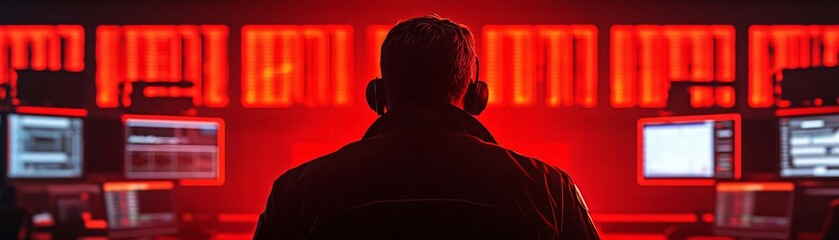Poster - Silhouette of a person in a dark room, surrounded by glowing computer screens, representing cybersecurity and digital threats.