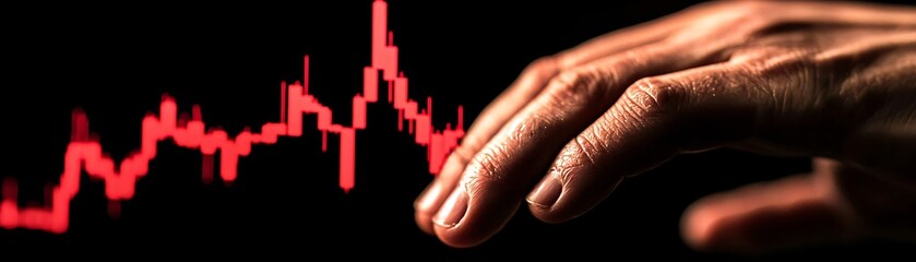 Poster - A close-up of a hand poised above a fluctuating red graph, symbolizing financial analysis or market trends in a digital environment.