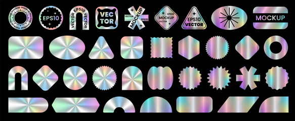 large set of colorful neon stickers, blank templates, label with holographic effect. shiny rainbow e