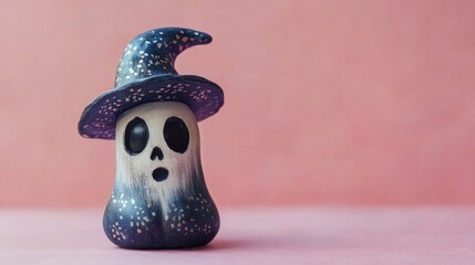 Canvas Print - Decorated ghost figurine with hat on plain background