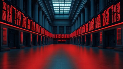 Poster - A modern corridor illuminated with red light and digital screens displaying data, creating a striking and futuristic atmosphere.