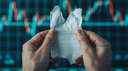 A person holds crumpled paper in front of a financial chart, symbolizing decisions and market fluctuations.