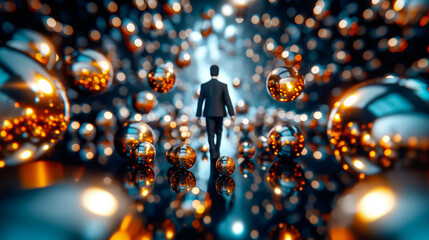 Poster - A solitary individual walks through a surreal environment filled with luminous golden spheres, symbolizing creativity and the endless possibilities of the future. The ambiance is captivating