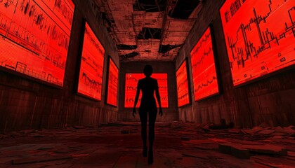 Poster - A silhouette of a person walks through a dimly lit room filled with red screens, creating a mysterious and haunting atmosphere.