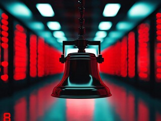 Poster - A striking image of a bell nestled in a modern, illuminated environment, showcasing contrasts of light and shadow.