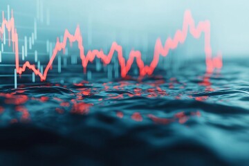 Poster - Abstract illustration of fluctuating financial data showing a red graph line over a blurred background of rippling water.