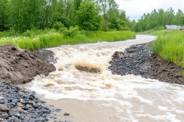 A turbulent stream flows through a lush, green landscape, showcasing the power and beauty of nature after heavy rainfall.