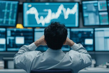 Poster - Business professional analyzing market trends on multiple screens with stock data and graphs in a modern office environment.