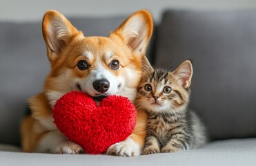 corgi and kitten with heart toy on white background