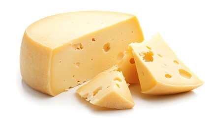 A whole round of Swiss cheese with two slices cut out, isolated on a white background.