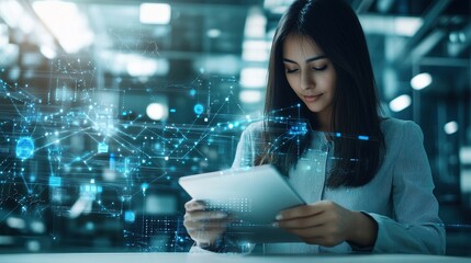 Poster - Young Woman Using Tablet with Digital Interface