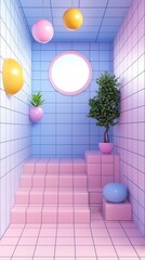 Wall Mural - Pastel Pink and Blue Tiled Room with Stairs and Plants.