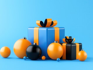 Sticker - Christmas Gifts and Ornaments on Blue Background.