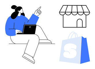 Woman sitting with laptop pointing upward. Nearby, a store icon and a shopping bag icon. Ideal for online shopping, e-commerce, digital retail, business, and technology topics. Minimalist vector