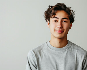 Portrait of a Smiling Young Man in Casual Grey Sweater - Natural Expression and Relaxed Pose