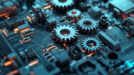 Poster - A 3D rendering of gears intertwined with circuit boards, symbolizing the synergy between technology and efficient business workflows.