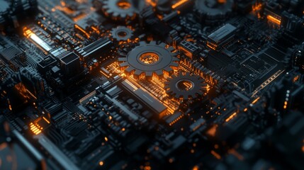 Poster - A 3D rendering of gears intertwined with circuit boards, symbolizing the synergy between technology and efficient business workflows.