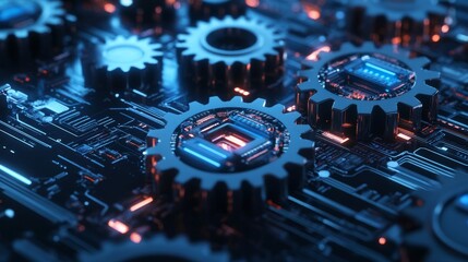 Poster - A 3D rendering of gears intertwined with circuit boards, symbolizing the synergy between technology and efficient business workflows.
