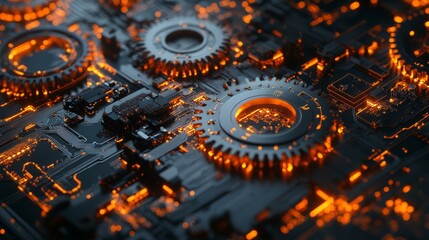 Poster - A close-up of gears and circuits seamlessly merging, symbolizing the automation of business processes through technology.
