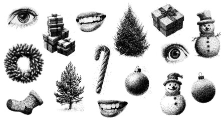 Wall Mural - christmas photocopy halftone collage elements set. elements cut out of magazine various shapes, wint