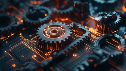 Poster - A dynamic composition of mechanical gears and glowing circuits, symbolizing the perfect synergy between business processes and technological innovation