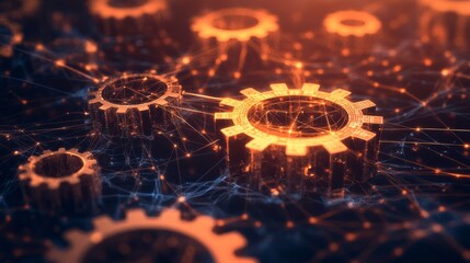 Poster - A futuristic design of gears turning within a network of circuits, representing the synergy between technology and business optimization.
